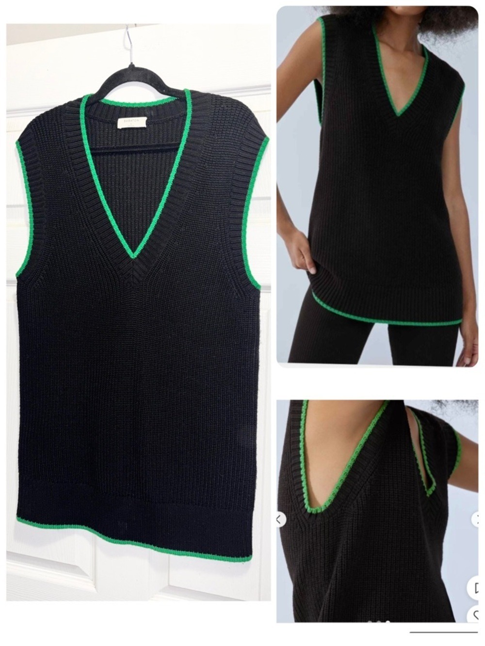 Aritzia Babaton Sherman Sweater Vest 100% Merino Wool Black Green Trim Sz Small